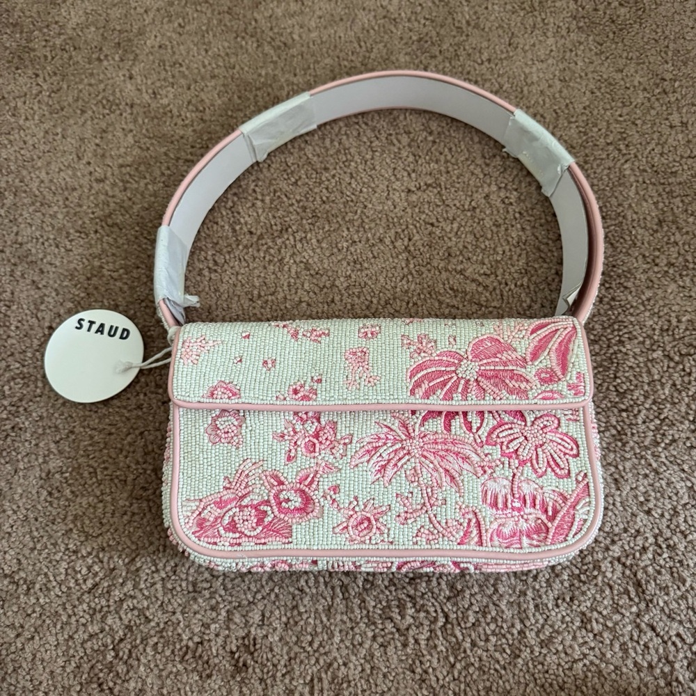 Staud Pink and White Tommy Floral Beaded Bag